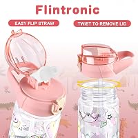 flintronic Gyermek Kulacs 500ml - BPA-mentes Szívószálas Ivópalack Szivárgásmentes Fedéllel, Rózsaszín Sportpalack Iskolába, Kiránduláshoz 4
