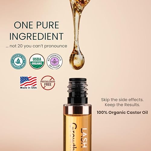 Vista 3 de Aceite de ricino orgánico USDA - Suero de crecimiento de pestañas de aceite de ricino prensado en frío totalmente natural con tubo de rímel