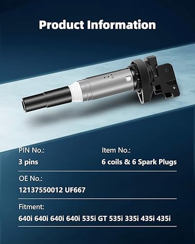 Miniatura 3 de ECCPP UF667 6 bobinas de encendido con 6 bujías de iridio 128I 323I 325I 525I 650I M5 M6 X3 X5 X6 Z4 2.5L 3.0L 4.4L 12137550012 UF667