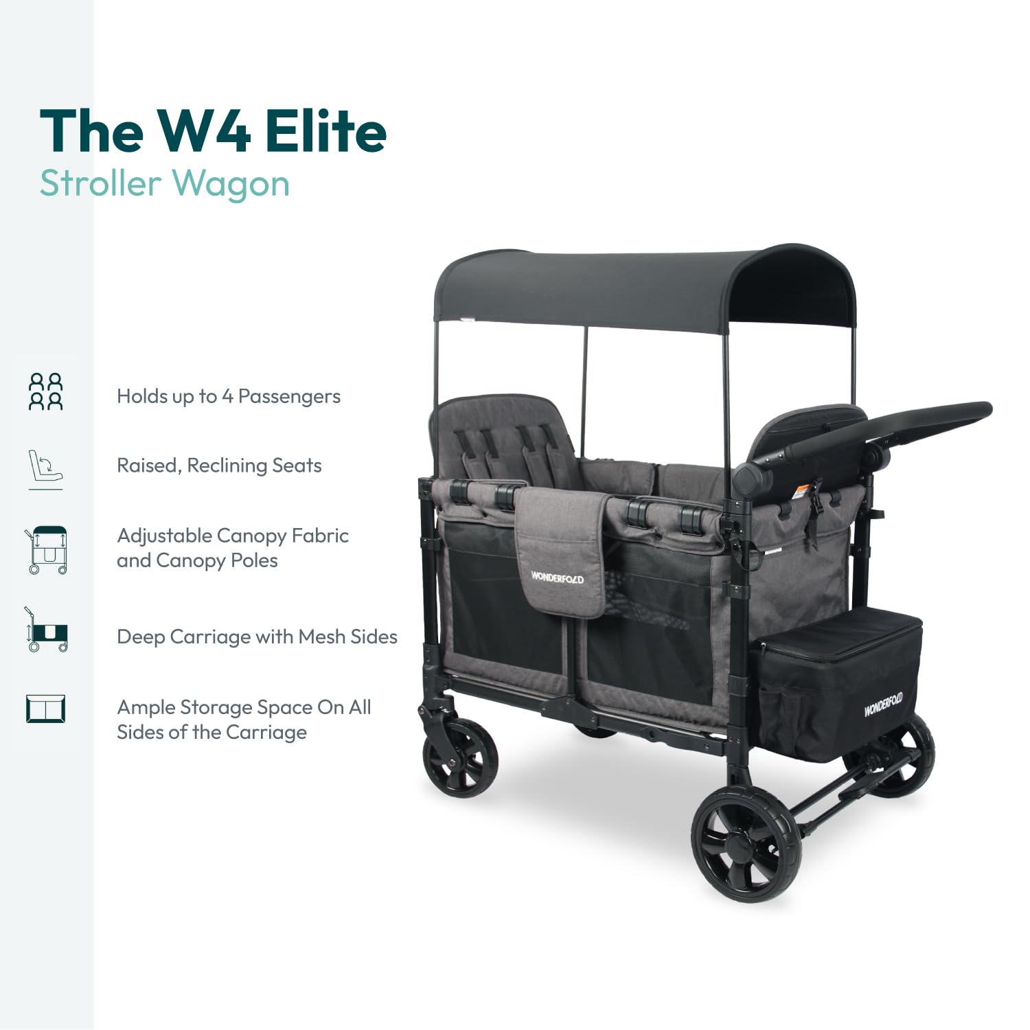 WONDERFOLD W4 Elite Stroller Wagon (4 Seater) - Collapsible Wagon Stroller with Seats with 5-Point Harnesses, Adjustable Push Handle, and Removable UV Sun Canopy, Charcoal Gray