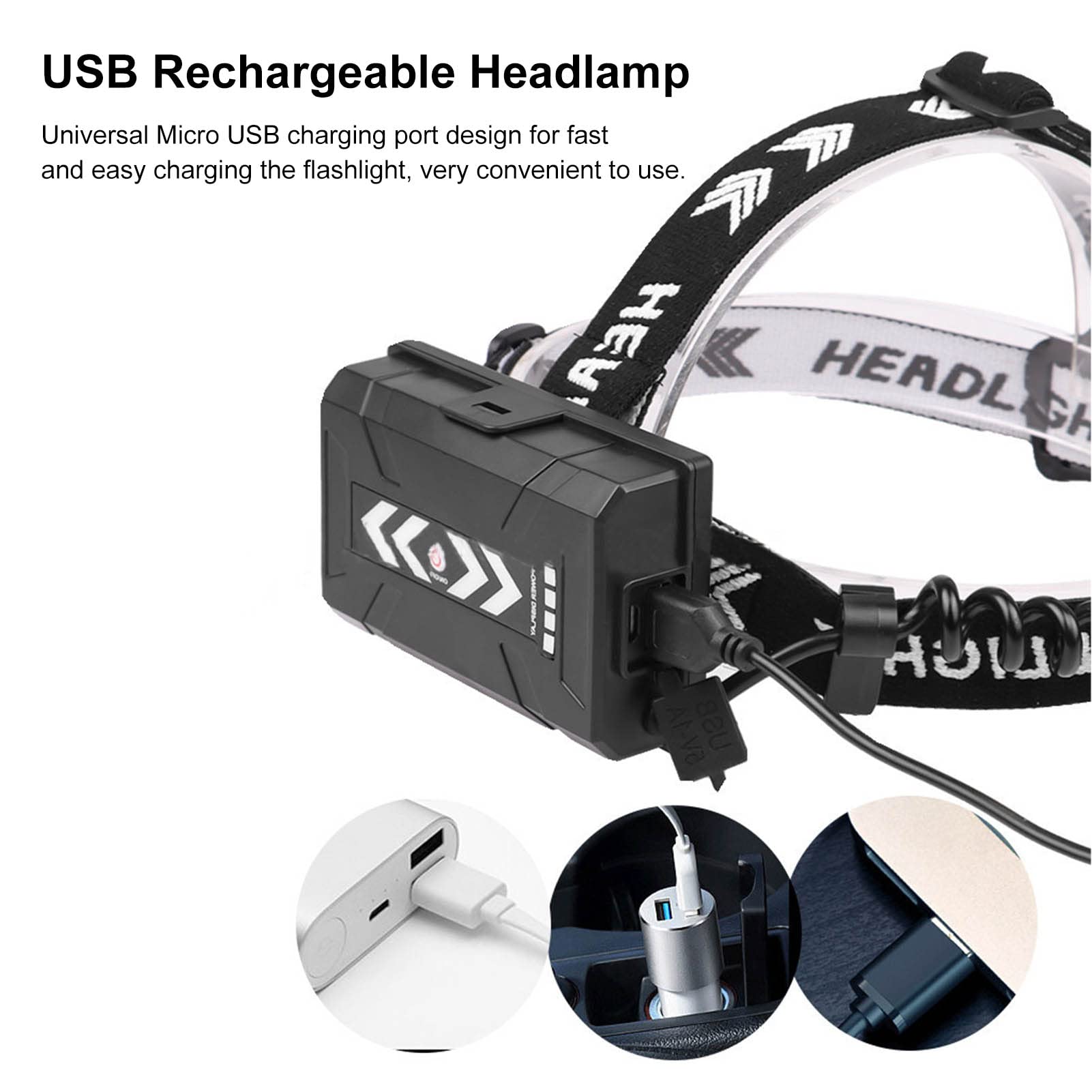 Lampada frontale a LED ad alta luminosità, Torcia frontale ricaricabile tramite USB, per Pesca in campeggio, escursionismo, Alta potenza, Impermeabile, Lunga durata