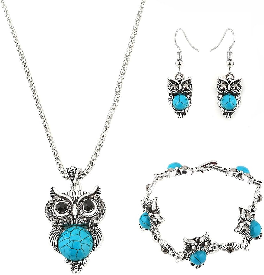 ILJILU Owl Jewelry Sets Retro National Style Owl Turquoise Accessories (Bracelet Necklace Earrings)