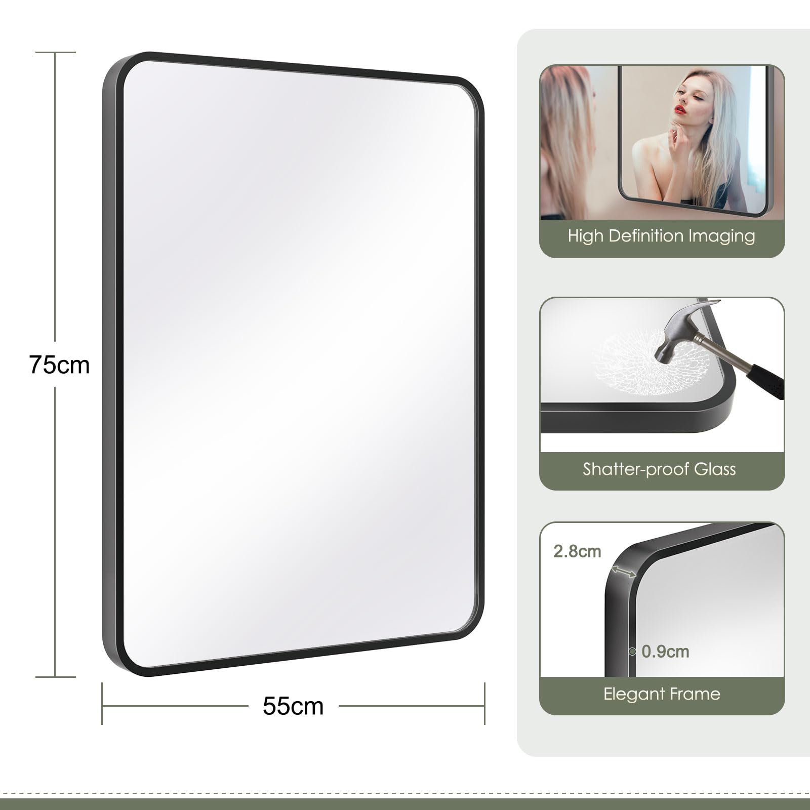 Dripex Miroir Salle de Bain 75x55cm Rectangulaire avec Cadre en Aluminium, Miroir Mural/Dressing/Salon Décoration HD Miroir de Maquillage (Noir)