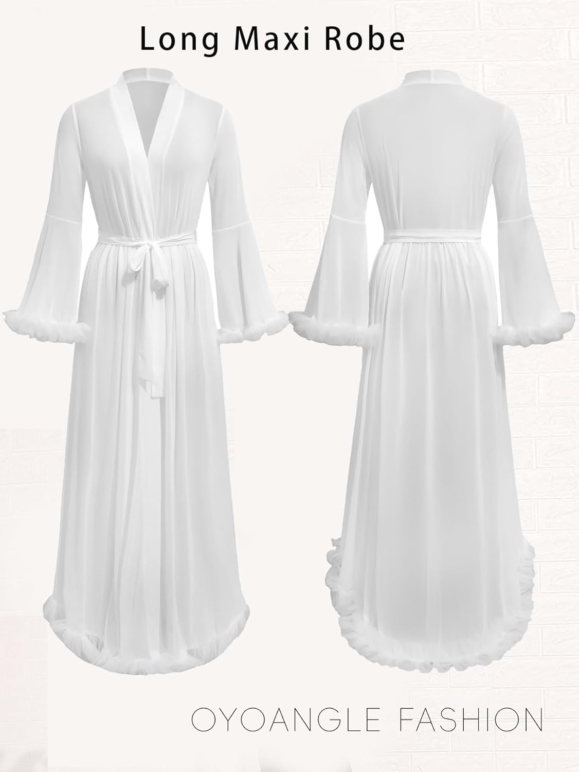 OYOANGLE Women's Ruffle Trim Long Sleeve Belted Sheer Mesh Wedding Bride Robe Nightgown - Image 4