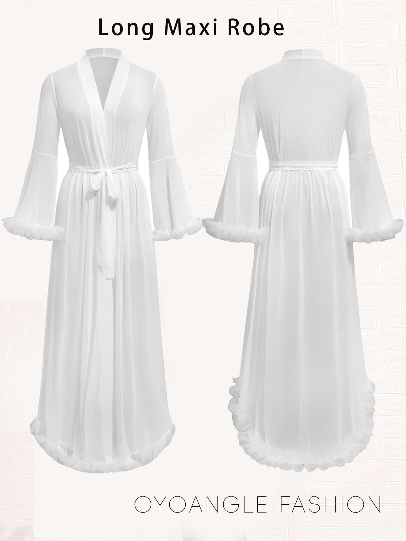 OYOANGLE Women's Ruffle Trim Long Sleeve Belted Sheer Mesh Wedding Bride Robe Nightgown: Medium White