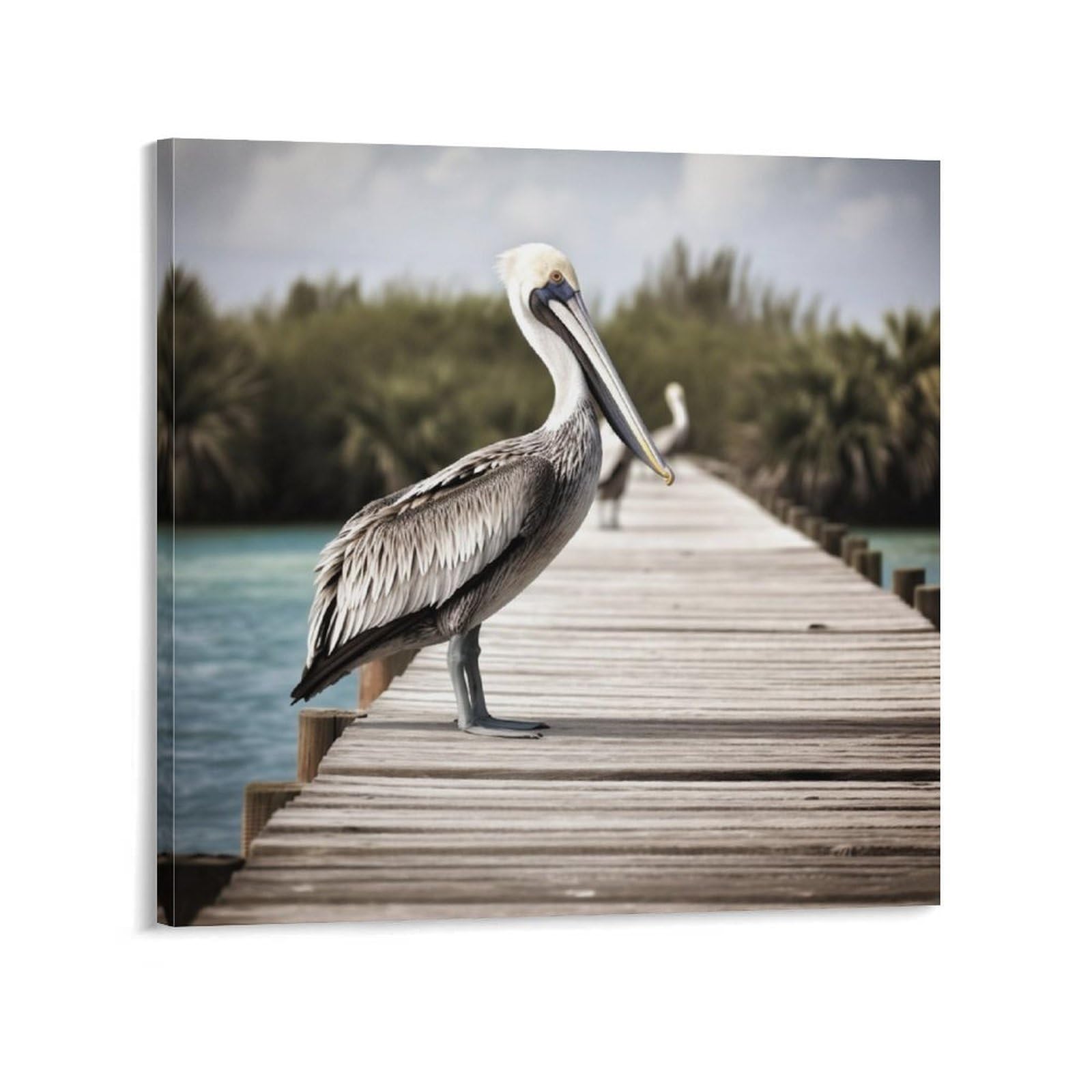 Pelican On Wood Bridge Canvas Wall Art for Bedroom 24x24inch(60x60cm) Canvas Prints Artwork for Walls Modern Picture Artwork Painting for Living Room Aesthetic Wall Paintings for Bathroom Kitchen Offi