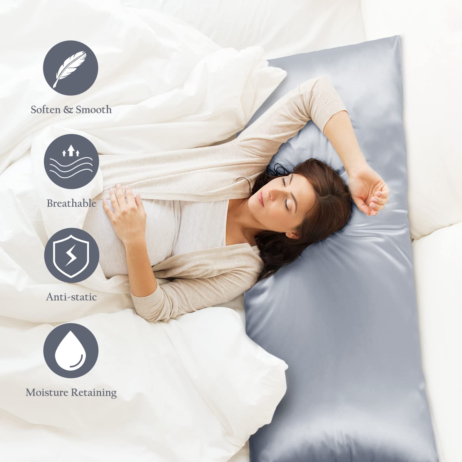 OLESILK Funda de almohada de seda para cabello y piel, 20 x 54 cm, con cremallera oculta, seda lateral para mujer, gris plateado