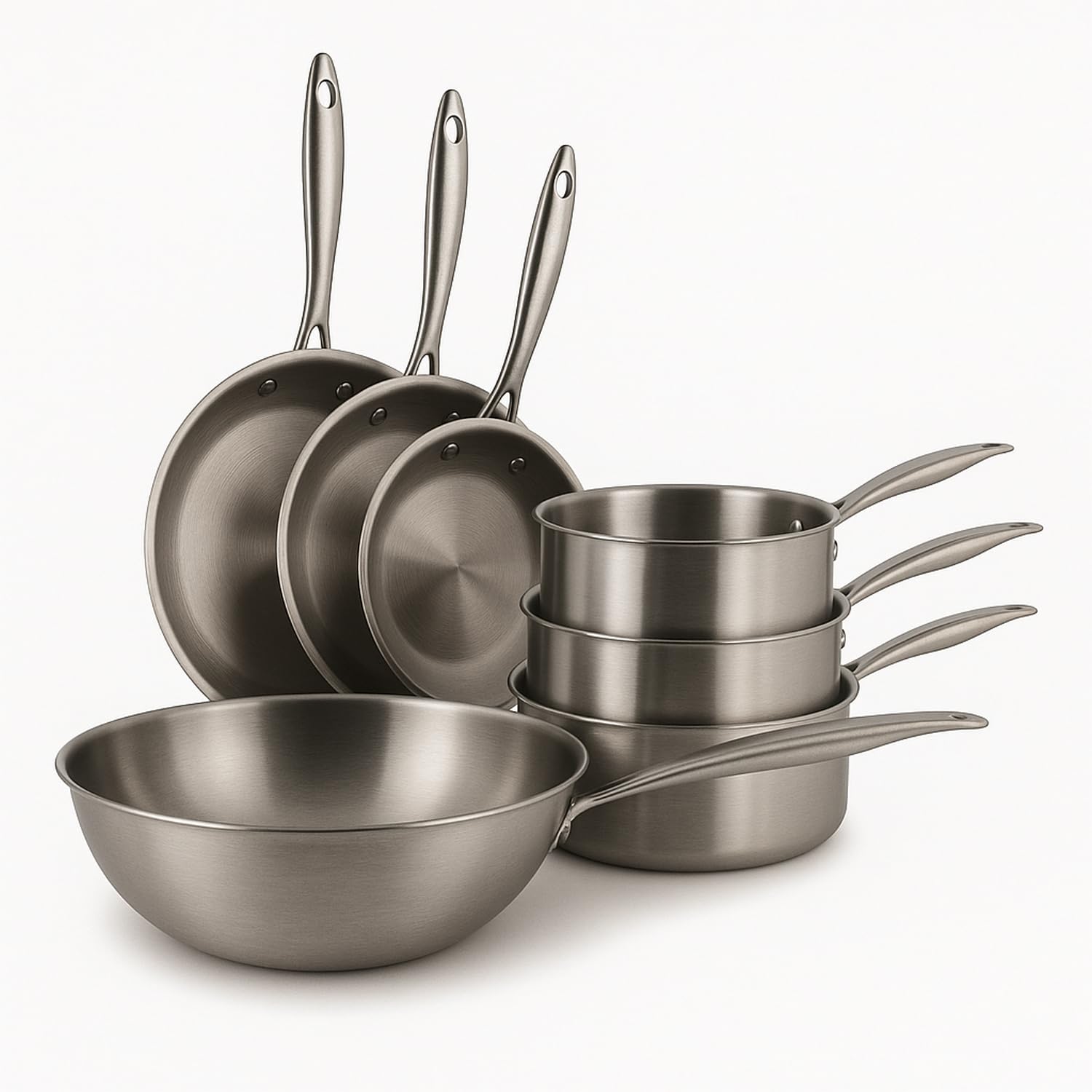 MENASTYL - Batterie de cuisine 7 pièces inox 18/10 Triply tous feux dont induction fabriquée en France sans PFAS - Compatible lave-vaisselle - 3 poêles, 3 casseroles, 1 wok - Poignée rivetée - 6014203
