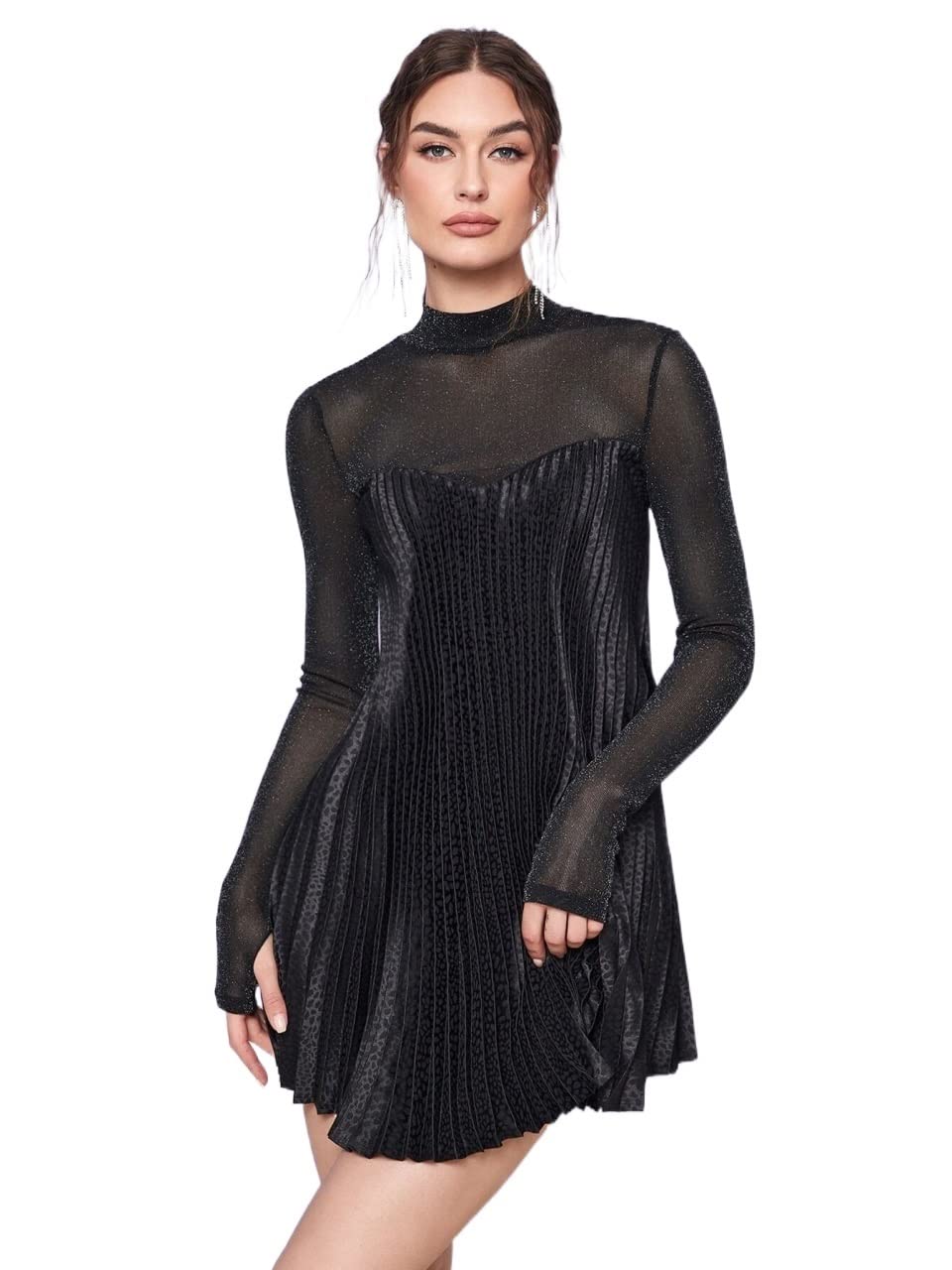 Womens Fall Fashion 2022 Mock Neck Glitter Mesh Shoulder Pleated 