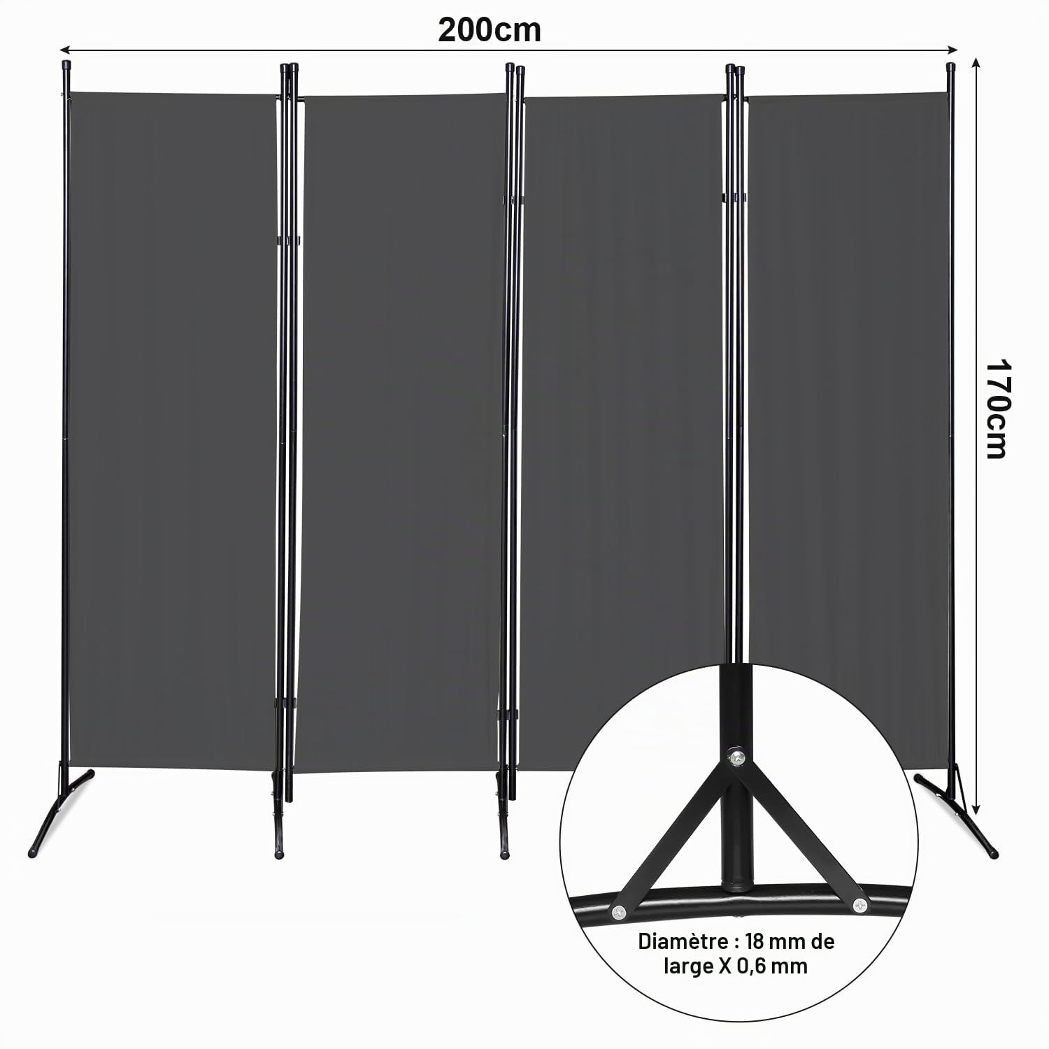 Paravent Cloison de Séparation 4 pièces, 200 x 170 cm, Pliable, autoportant, séparateur de pièce, intérieur écran Pliable pour Bureaux, Chambres à Coucher (Gris Foncé)