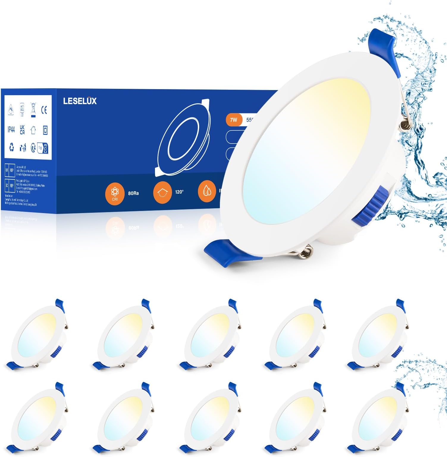 Leselux LED Recessed Ceiling Lights Dimmable, 10x 7W Round Spotlights Warm White 3000K Neutral White 4000K Cool White 6500K, Cut Φ68-75mm, 29mm Ultra Slim, IP44 Downlights Ceiling for Bathroom Bedroom [Energy Class E]