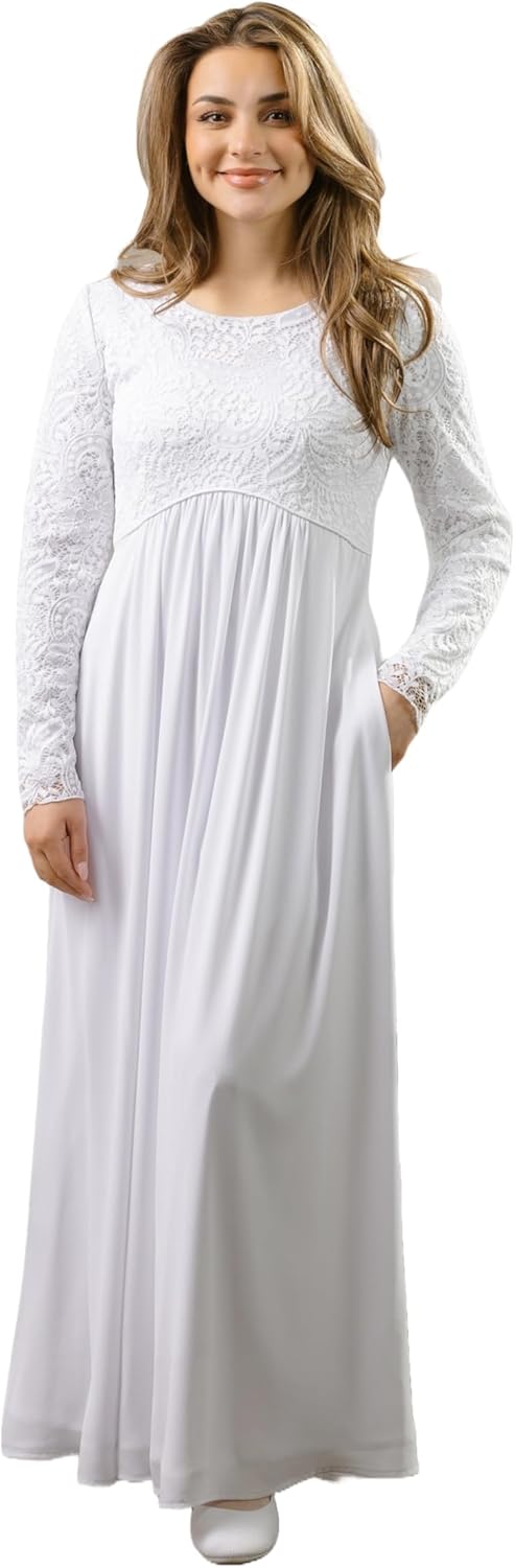 Women's Modest White Full Length Long Sleeve Special Occasion Dress with Lace Bodice and Empire Waist