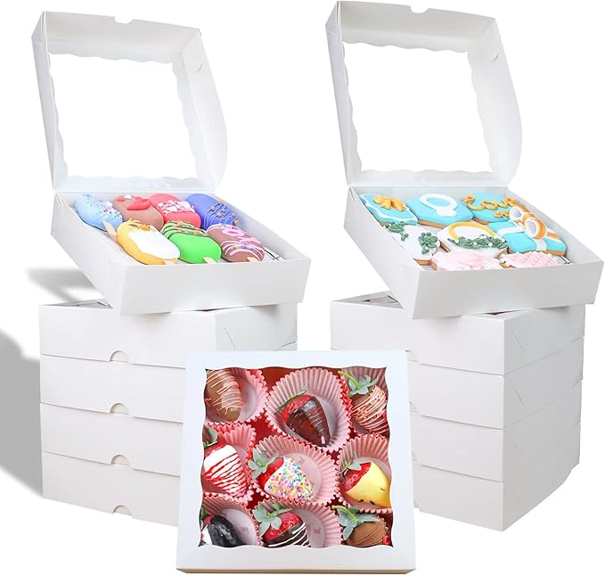 RomanticBaking 50pcs 8x8x2 Inches Bakery Boxes with Window Cookies