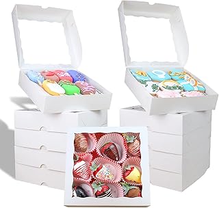 RomanticBaking 50pcs 8x8x2 Inches Bakery Boxes with Window Cookies Boxes Chocolate Covered Strawberries Boxes Pretzel Boxes Cakesicle Browines Boxes