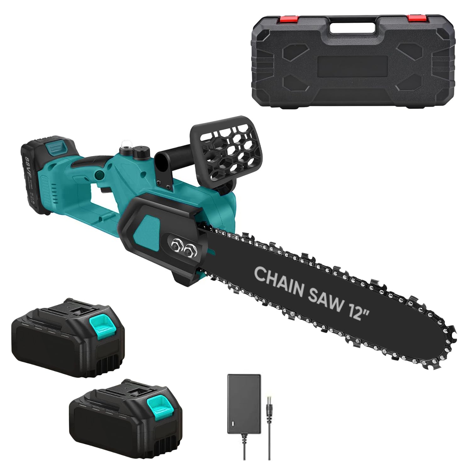 Motosega a Batteria 21V 400W con Lama 12" (30 cm) – Doppia Batteria Litio Inclusa, Motore Brushless, Lubrificazione Automatica, Valigetta e Accessori – Per Taglio Legna e Potatura