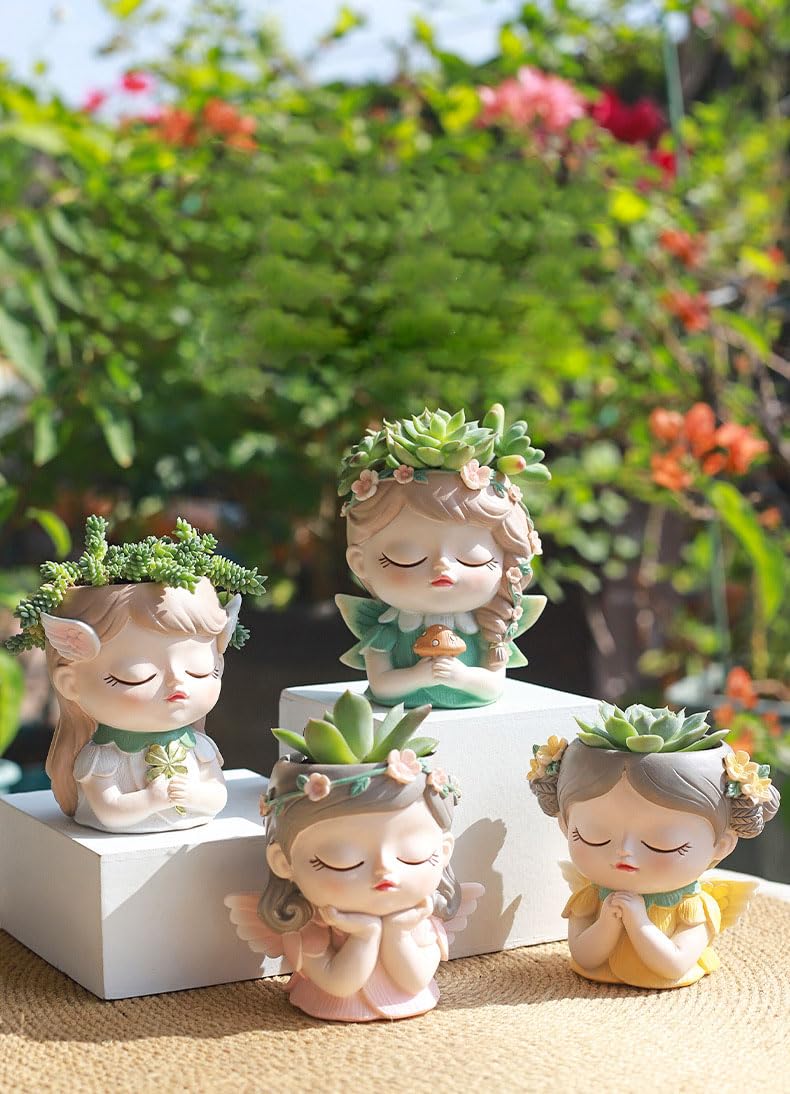 Hosoncovy Cartoon Elf Girl Succulent Plants Plant Pot Small Plant Vase Resin Planter Desk Plant Pot Home Ornament (D) - Image 3