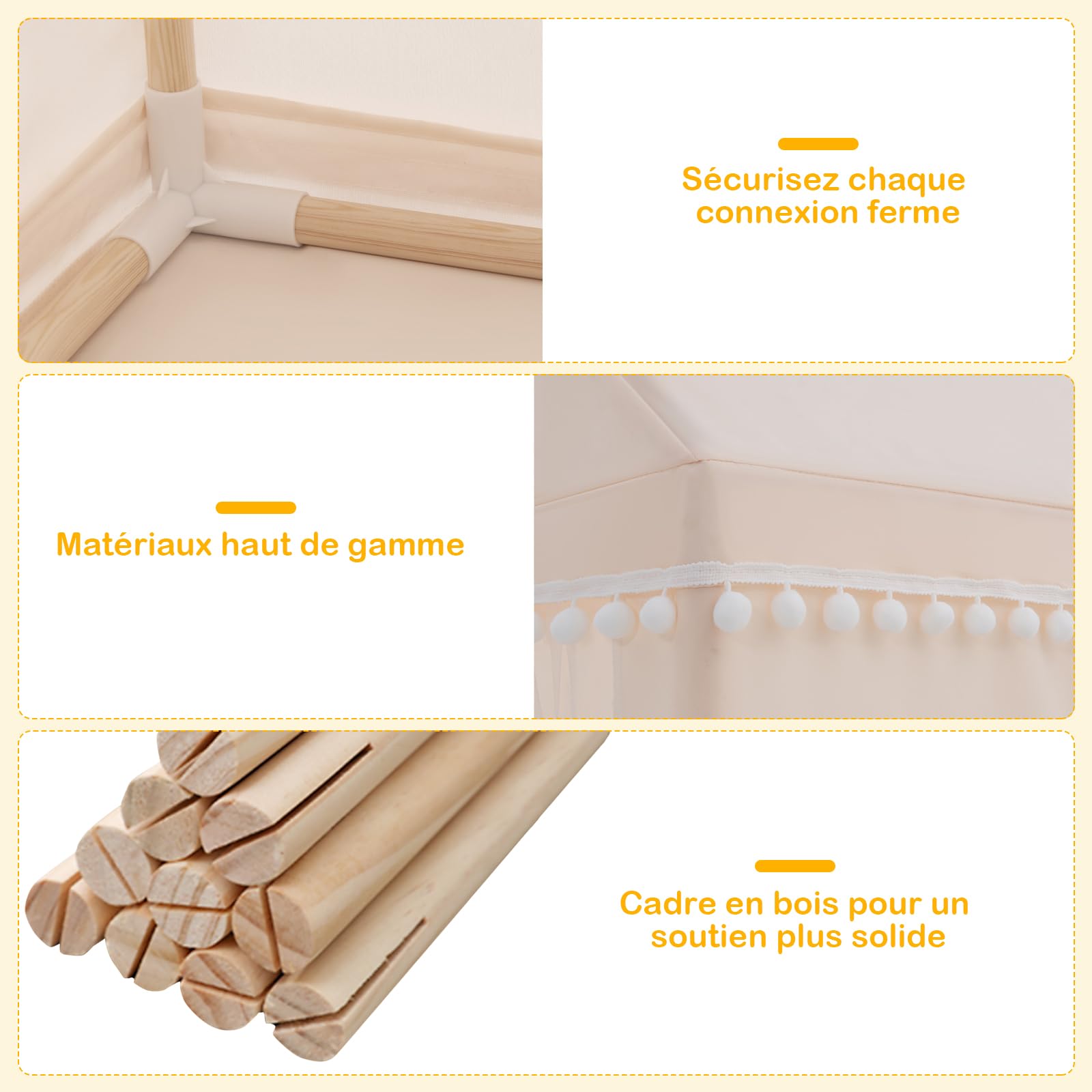 DREAMADE Tente de Jeu pour Enfant avec Tapis Épais,Cabane Garçons Filles Intérieur Extérieur avec Cadre en Bois&Moustiquaire&Fenêtre Maillée&,105x120x140CM (Beige)