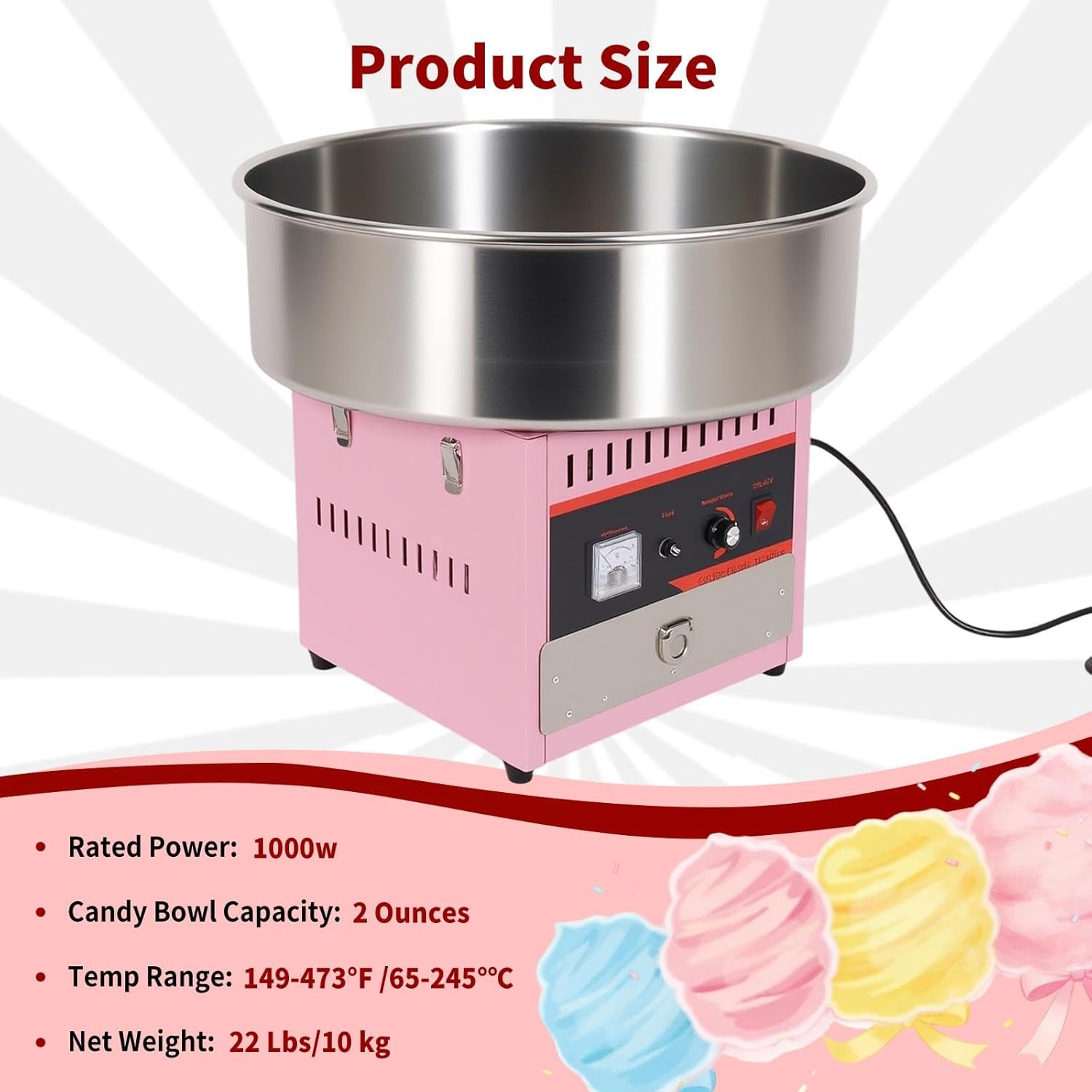 1000W Electric Cotton Candy Machine Cart, Mobile Candy Floss Maker with 20 inch Stainless Steel Bowl, Sugar Scoop and Drawer, for Carnival, Home and Kids Birthday, Pink (No Wheels)