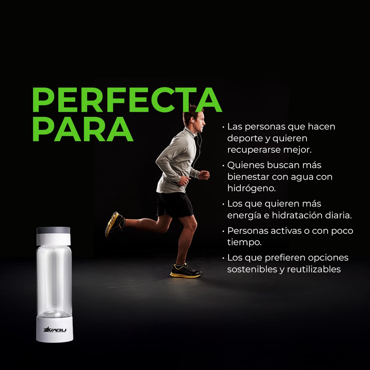 Botella de Agua Hidrogenada – 1400 PPB de Hidrógeno Molecular – Tecnología SPE/PEM de Alta Pureza – Incluye Funda Protectora - Auto limpieza Membrana - 400 ml (Molecular Sport)