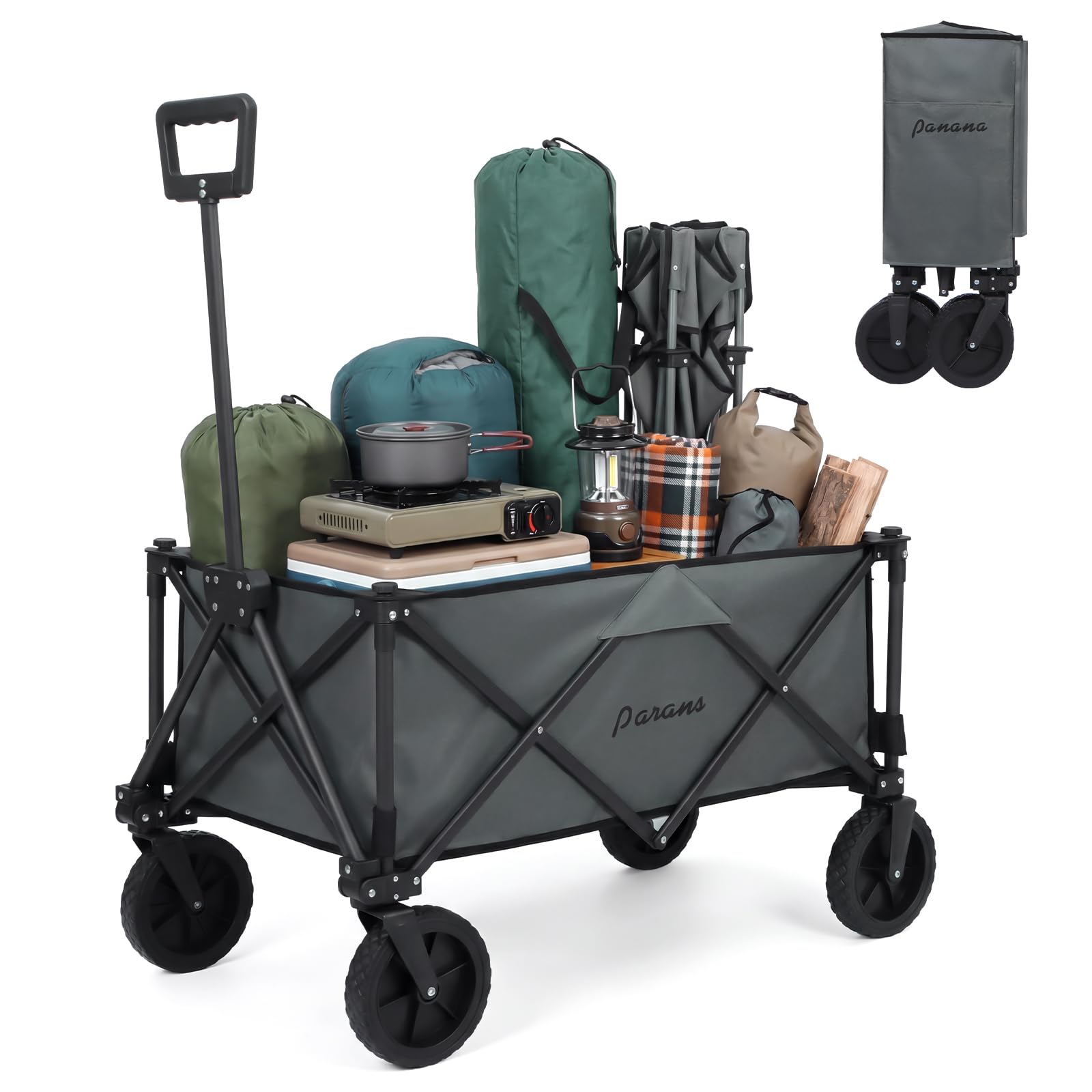 Panana Grey Folding Trolley With Wide Wheels, Foldable Wagon, Portable Camping Cart, Collapsible Trolly With Adjustable Handle, Shopping Trolley Foldaway For Easy Storage (, 150L)