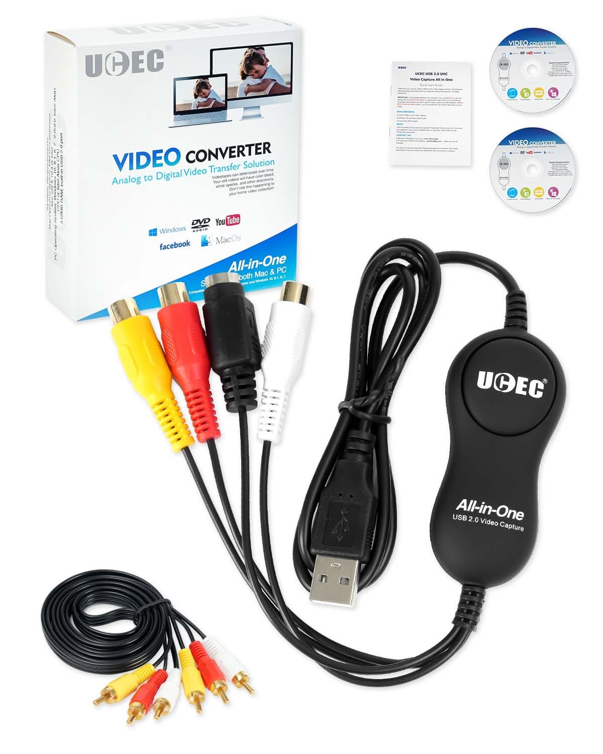 UCEC VHS to Digital Converter Kit, VCR to Digital Converter, RCA to USB Video Capture Device, USB 2.0 Video Capture Card Device for Mac Windows