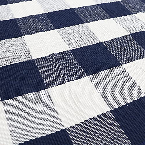 Mubin Cotton Buffalo Plaid Rug, 3'X 5' Navy Blue And White Outdoor Rug Front Door Decorative Mat, Hand-Woven Reversible Foldable Rug For Layered Door Mats Washable Carpet For Front Porch, Entryway #TOP5