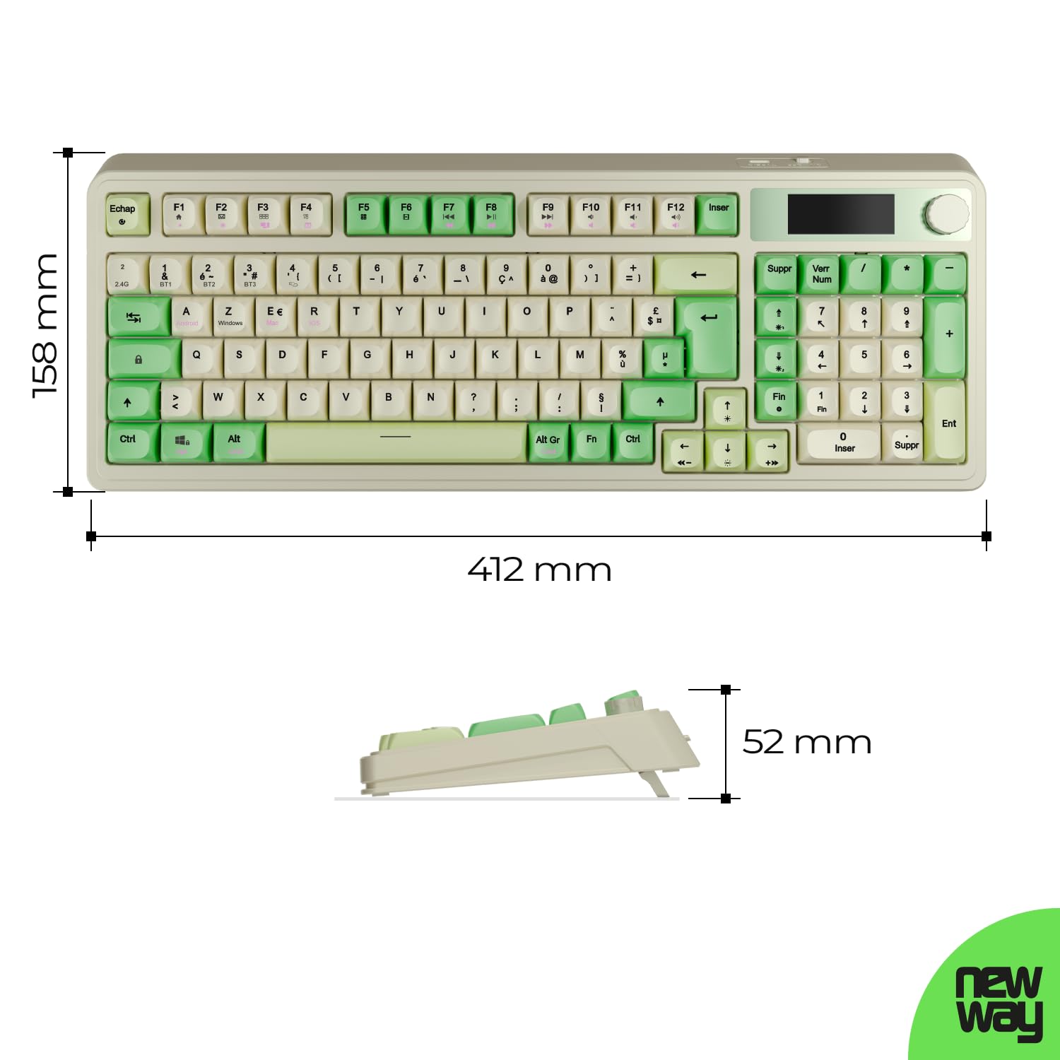 NEWWAY NK251 – Clavier sans Fil Rechargeable Affichage LCD Numérique Molette Multifonction - AZERTY français – Triple Mode (WiFi 2.4 GHz, BT, USB-C) - Récepteur USB au Dos