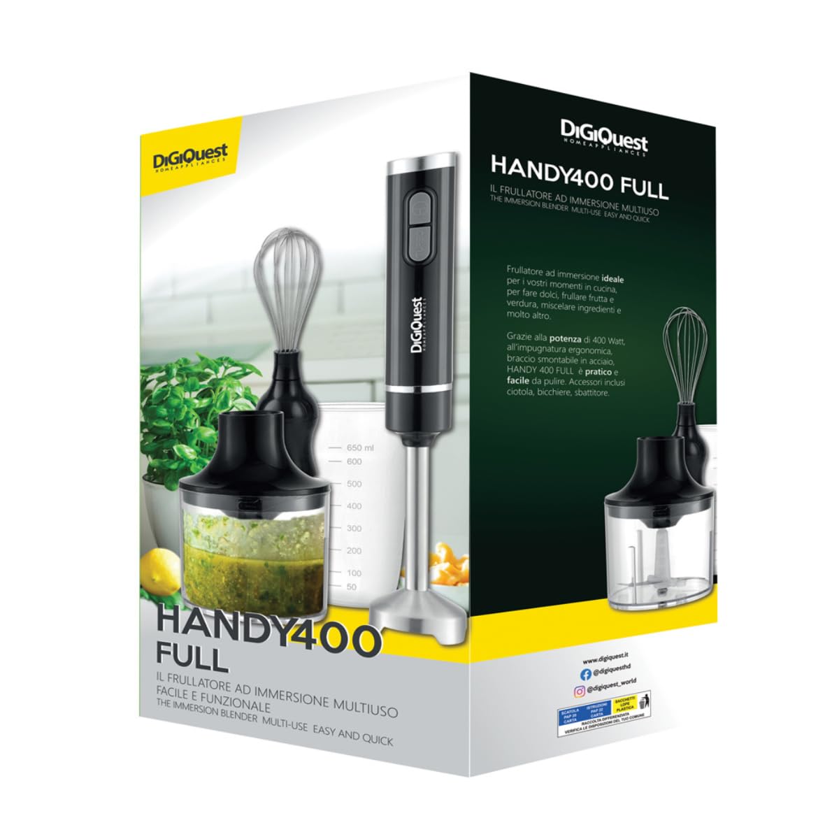 DIGIQUEST Frullatore Ad Immersione Multiuso 3 in 1 Handy 400 Full - Lame e braccio smontabile, Acciaio Inox, Impugnatura Ergonomica, Ciotola e Bicchiere inclusi nella confezione (3in1 ACCIAIO)