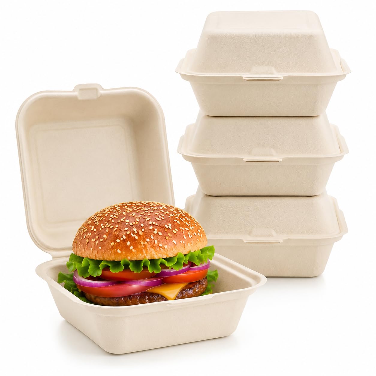 Caneeco 50-Pack Bagasse Sugarcane Burger Takeaway Boxes – 6"x6" Clamshell Containers, PFAS Free, TUV Home Compostable Certified Food Boxes for Hot & Cold Meals, Restaurants, Parties & Catering