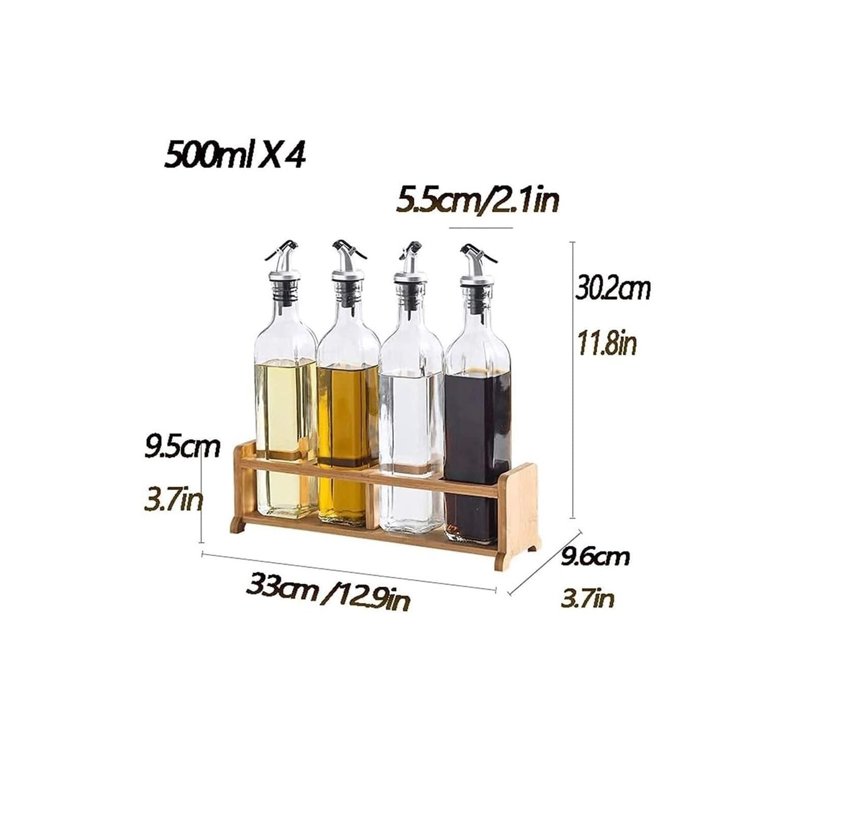 Set Olio e aceto Dispenser for Olio e aceto, Set di Bottiglie for aceto e Olio da 500 ml con Supporto in Legno, ampolla for Salsa in Bottiglia for Olio in Vetro Oliera