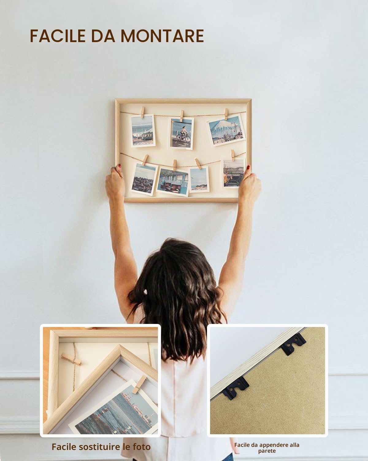 Portafoto con Mollette, Porta Foto, Appendi Foto con Mollette, Portafoto da Parete, 7 Clip, Legno, 42x32cm