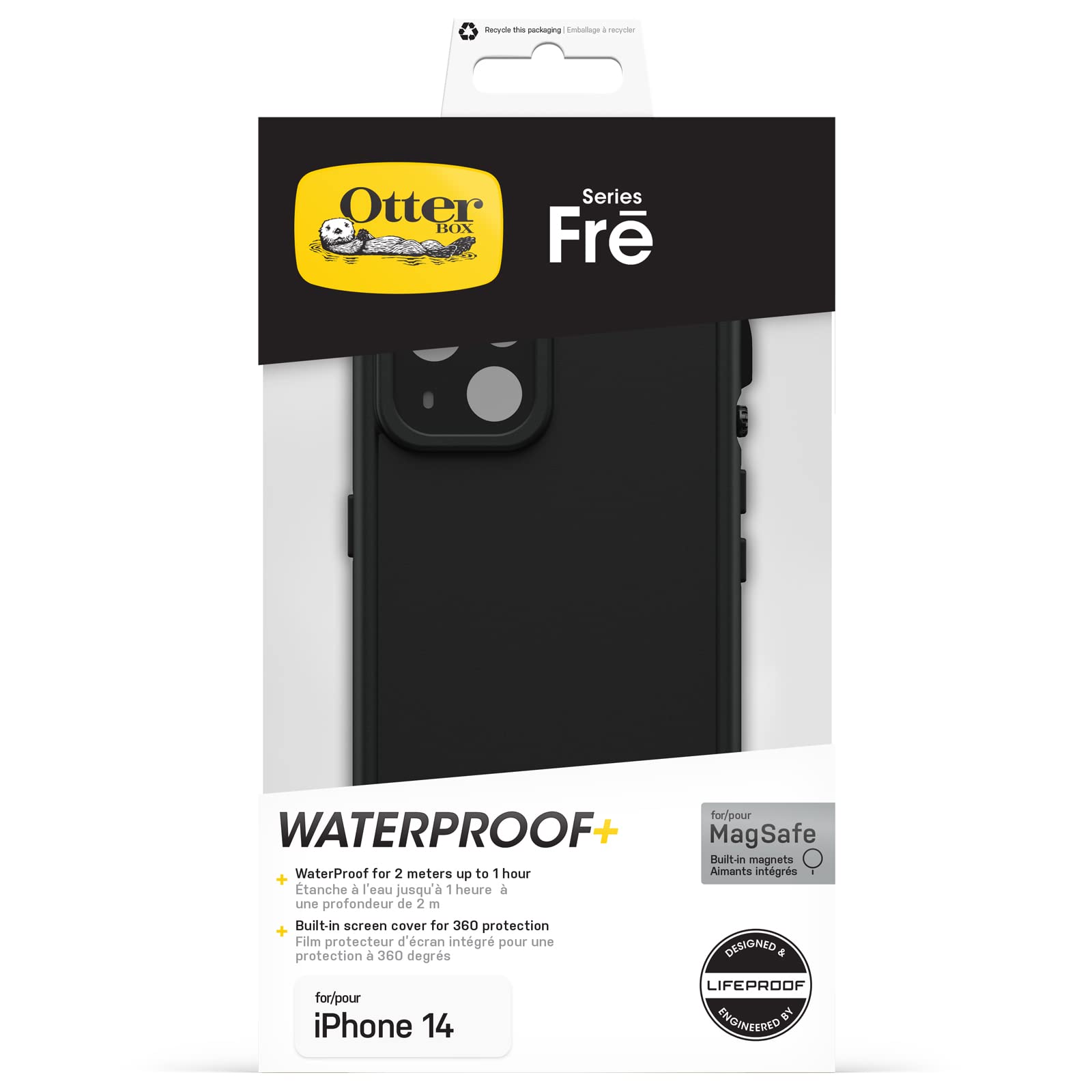 Otterbox Funda para iPhone 14 con MagSafe, Fre, Resistente al Agua (IP68), Golpes, Fina y Elegante con Protector de Pantalla Integrado, Testada 5X con estándares Militares anticaídas, Negro