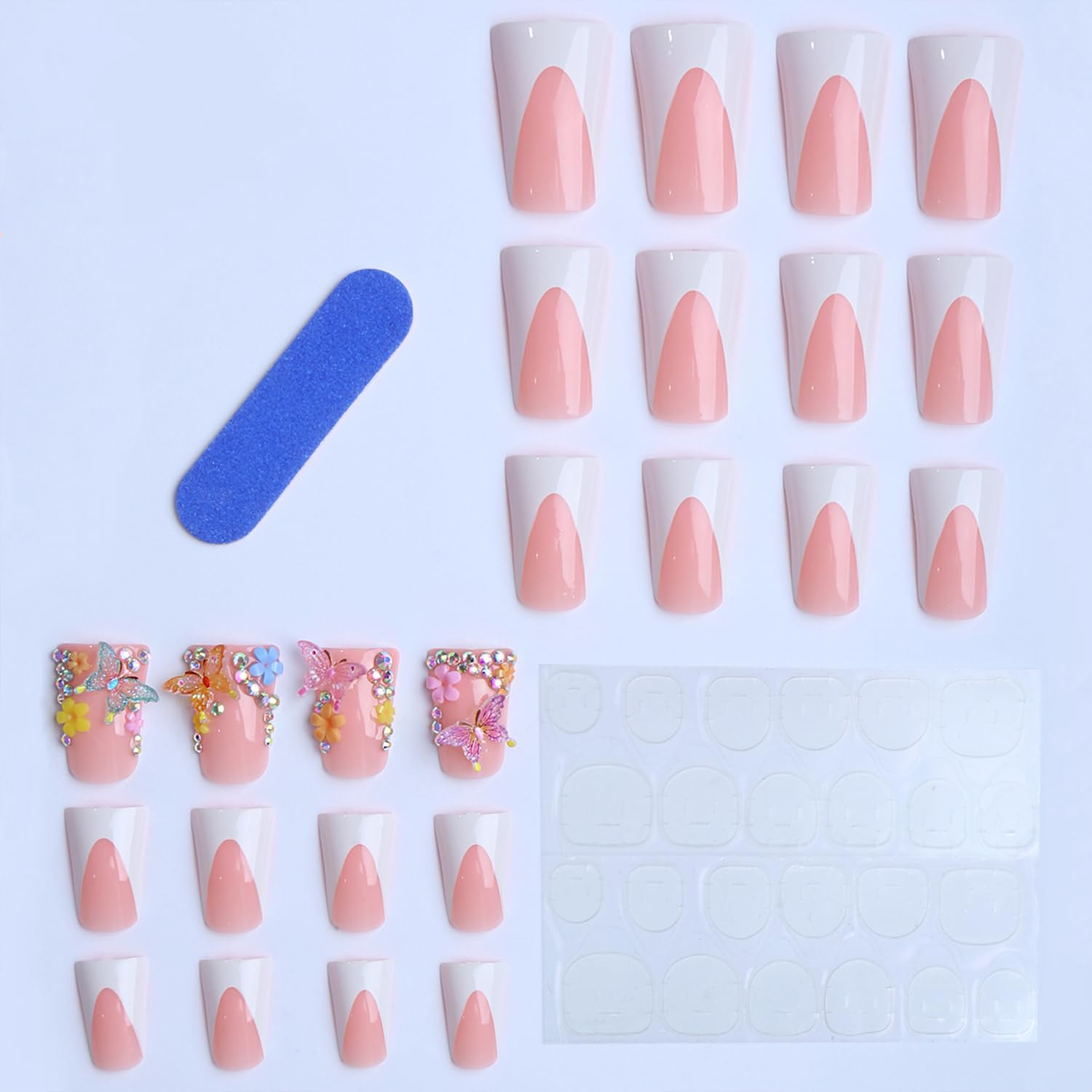 Flower Press On Nails Medium Square Gold Pearl Star Nude Pink_voghion.com