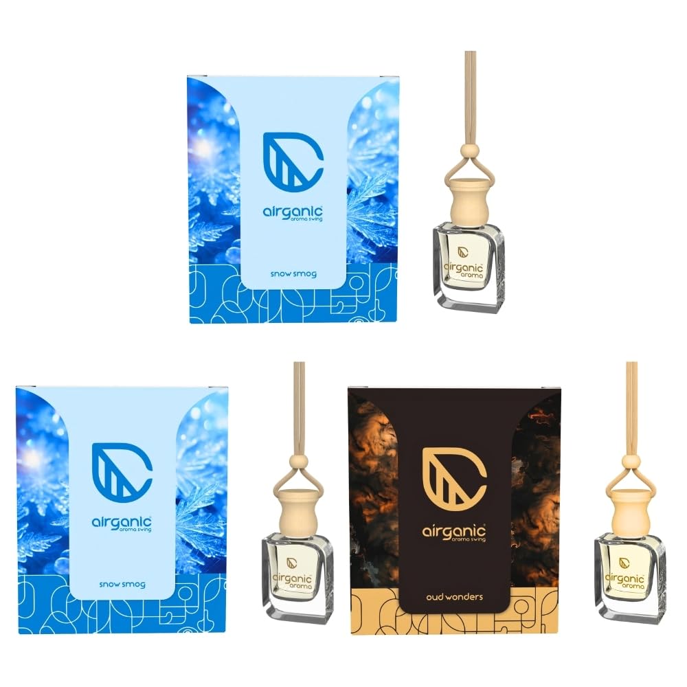 AIRGANIC Aroma Swing Combo Offer : Snow Smog - Pack of 2 & Oud Wonders | Aroma with Essential Oils in Glass Bottle with Wooden Diffuser Lid| Car Hanging Accessories| Car Accessories Interior