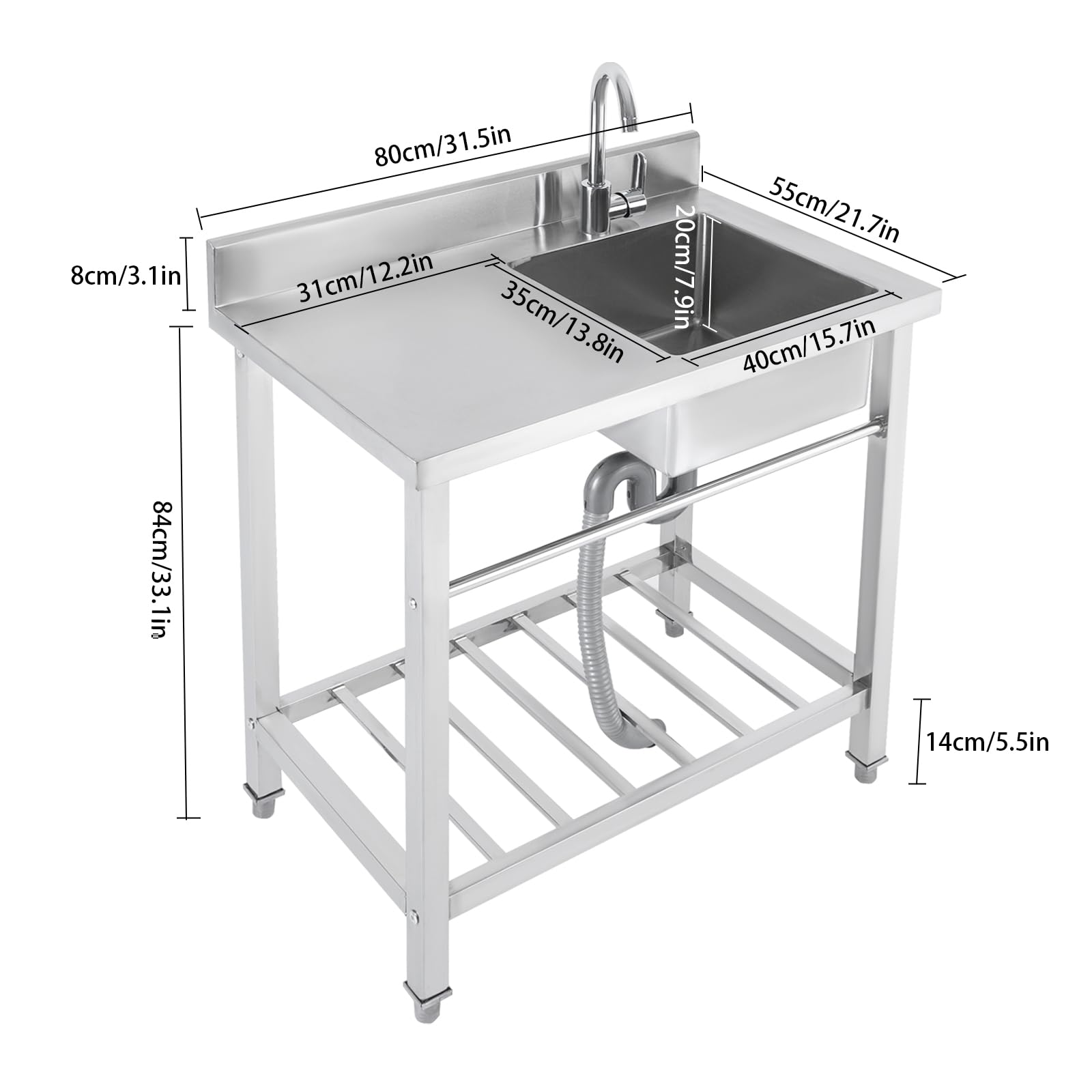 Fregadero independiente de acero inoxidable con soporte y grifo, 1 lavabo grande y encimera, juego completo para exterior, patio trasero, cocina, restaurante, jardín