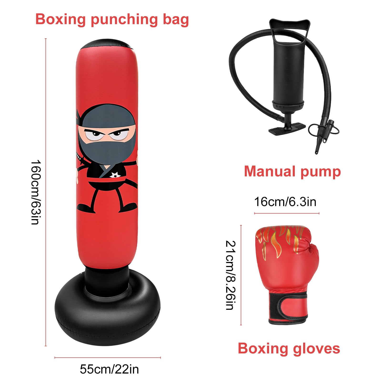 Homshsjhkis Saco de Boxeo de Pie, Saco Boxeo Niños, Punching Ball, Bolsa Independiente con Bomba Aire Guantes Boxeo, Bolsa Inflable Estable para Karate, Kickboxing, MMA, Regalo Ideal para Niños Niñas — view 2