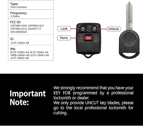 Miniatura 3 de Control remoto de entrada sin llave CWTWB1U345 315MHz 3 botones de repuesto para Ford E-Series 1998-2016 Escape Escort F-Series Lincoln Mazda