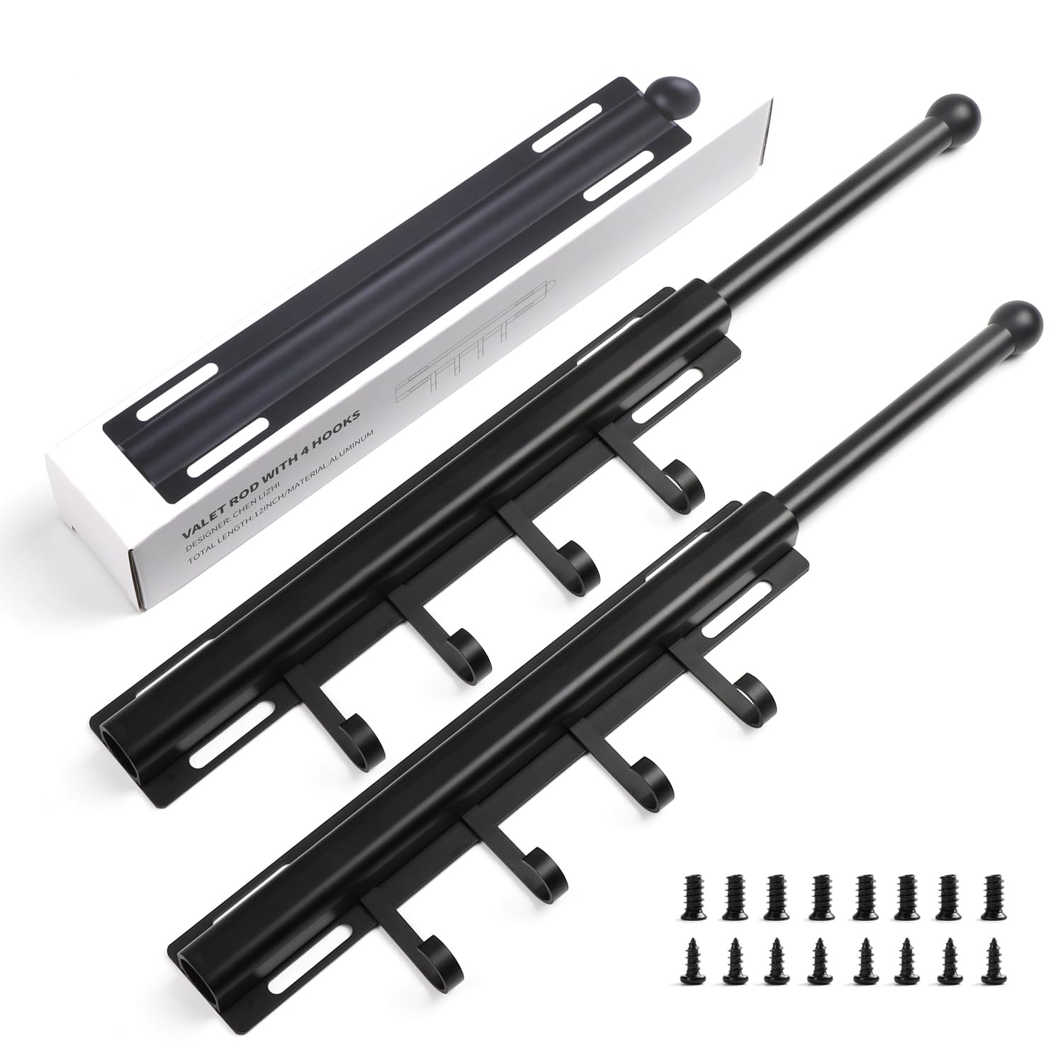 BaiNong Valet Rod for Closets Pull Out 12" Black with 4 Hooks (2Pack)