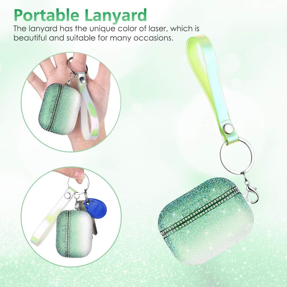 Caka Glitter Case for AirPods Pro Case Cover Crystal Diamond for Women Girls Cute Rhinestone Bling Sparkle Shiny Protective Shockproof with Lanyard Case Cover for AirPods Pro (Gradient Green)