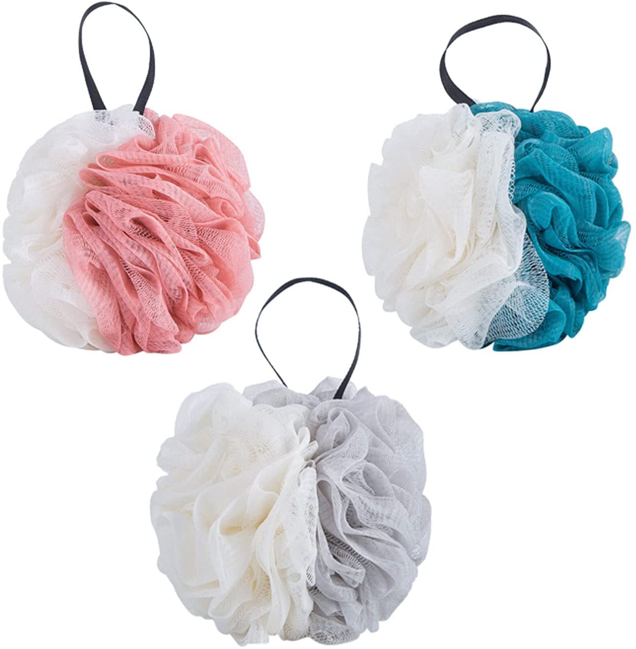 Loofahs Bagno Doccia Scrub Spazzola esfoliante per il corpo Scrubber Sponge Ball Mesh Bagno Luffa, pelle pulita Spugna di luffa per fare il bagno, confortevole e morbida 3 pezzi blu, blu, rosa (rosa
