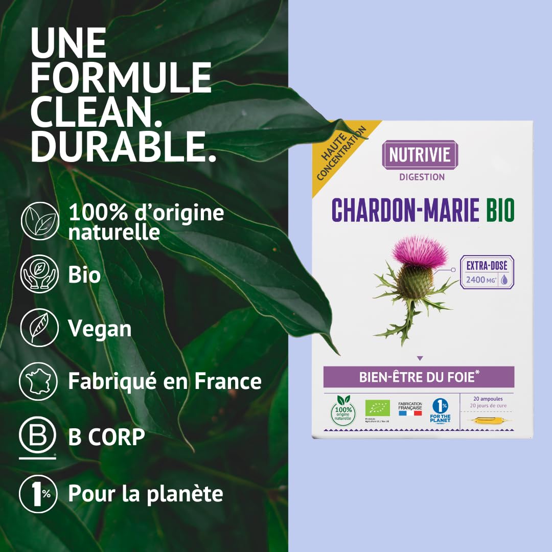 Chardon Marie Bio - Hautement dosé 2400 mg par dose - Protection du foie et Confort Digestif - 20 ampoules - Fabriqué en France - Nutrivie