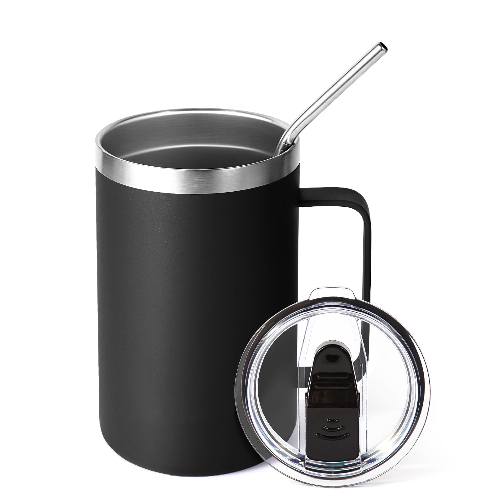 Volhoply 470ml (16oz) Insulated Coffee Mug with Lid and Straw, Stainless Steel Travel Mugs with Handle, Double Wall Vacuum Leak Proof Coffee Tumbler Cup (Black,1) — image 1
