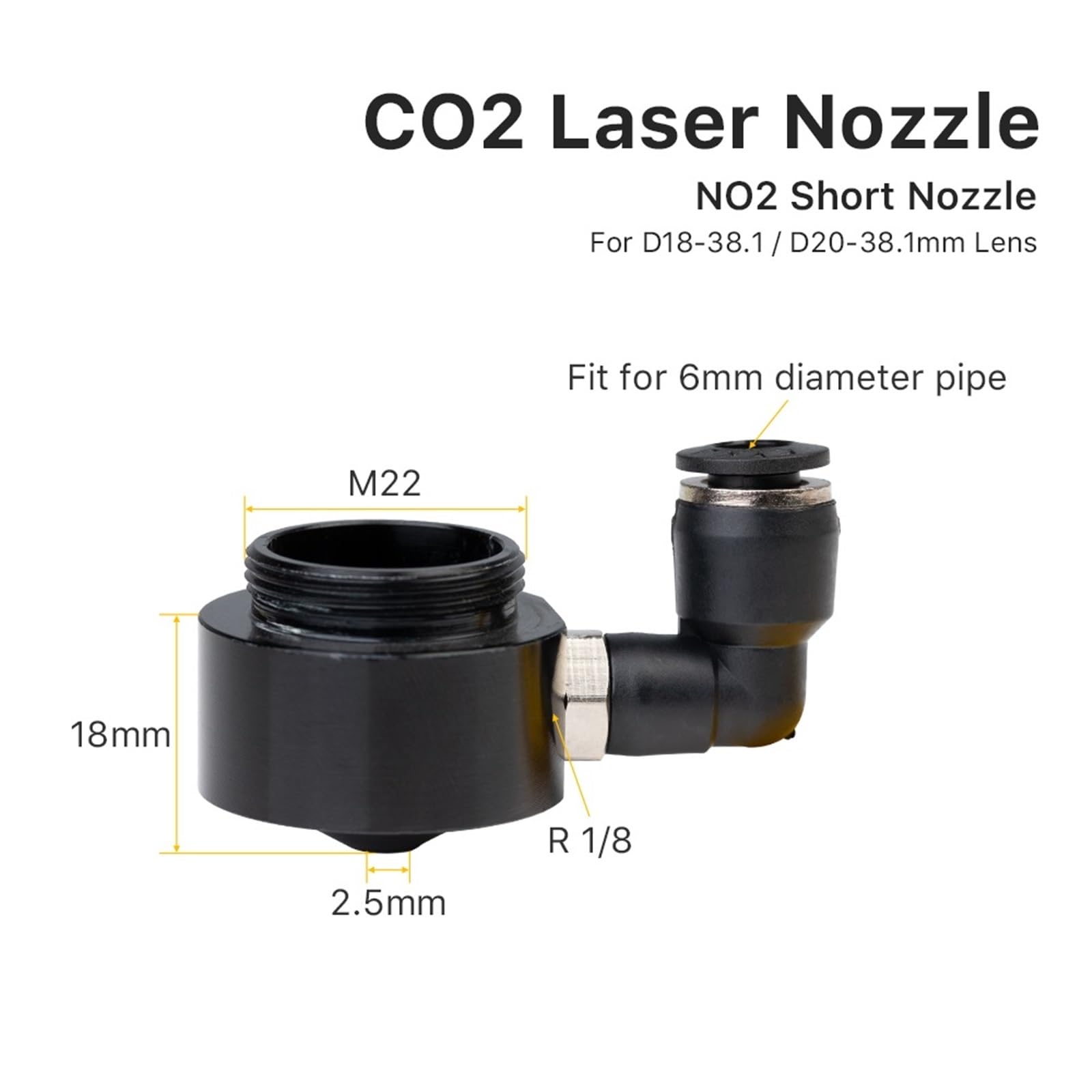 Air Nozzle for Dia.18/20mm FL38.1mm Lens CO2 Short Nozzle A with Fitting M5 for Laser Head at CO2 Laser Cutting Machine(NO2 Nozzle)