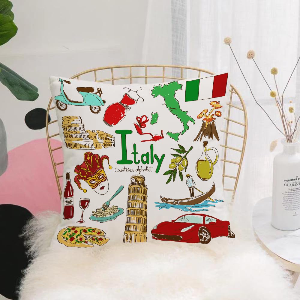 HYOSXW Cushion Cover,Throw Pillow Case Home Decorative for Living Room Bedroom Sofa Chair 16X16 Inch,Iconic Italian elements, landmarks and cuisine,Pillowcase 40X40cm