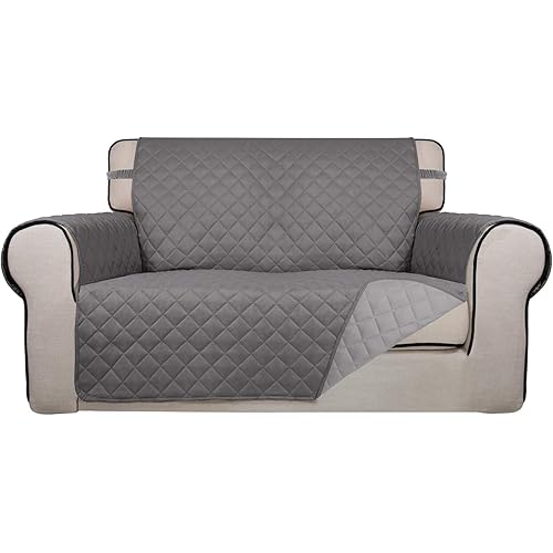PureFit Reversible Quilted Sofa Cover, Water Resistant Medium Slipcover Furniture Protector, Washable Couch Cover with Non Slip Foam and Elastic Straps for Kids, Dogs, Pets (Loveseat, Gray/Light Gray)