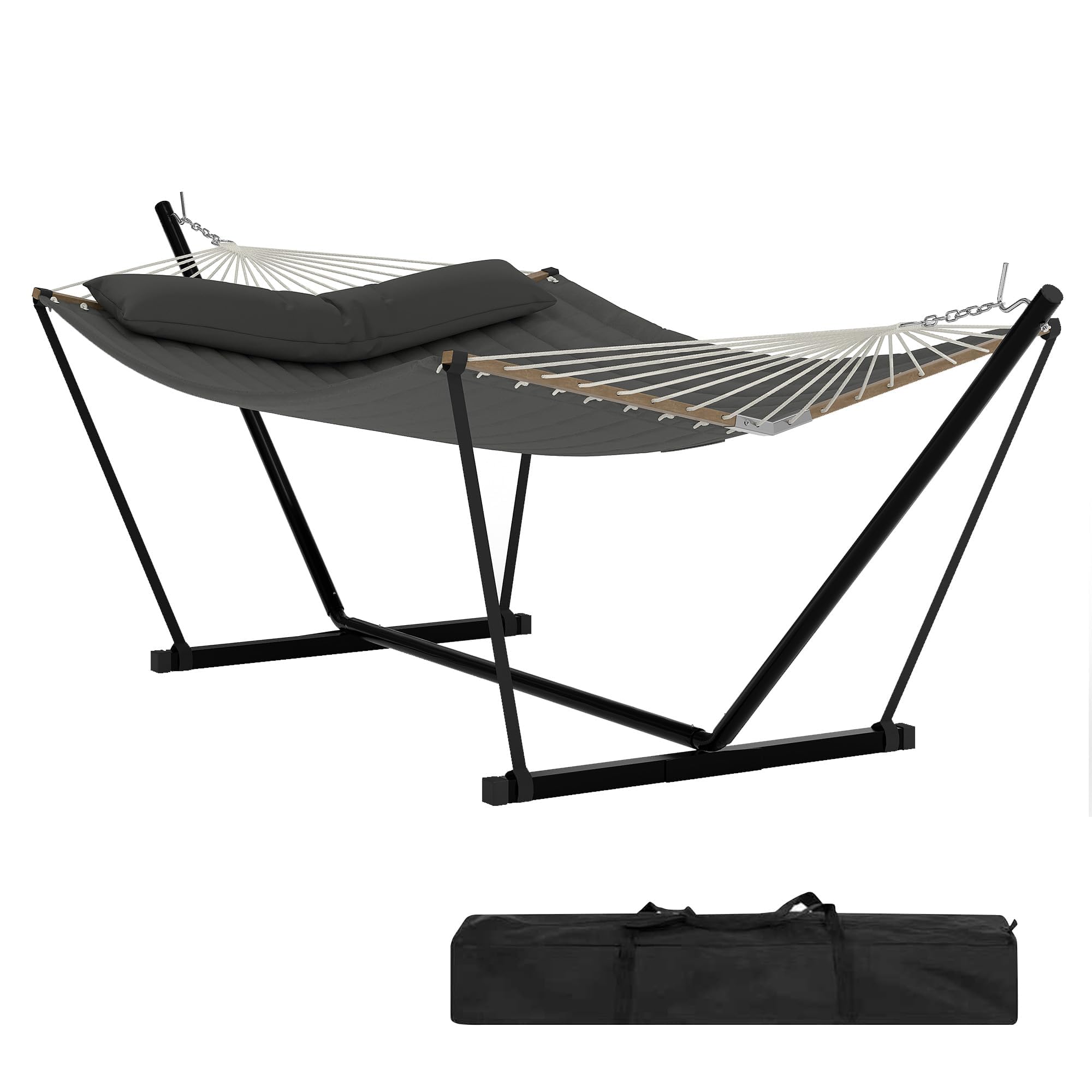 Affinityfurn Dark Grey Double Hammock With Heavy-Duty Steel Stand & Portable Carrying Bag, 2 Person Portable Hammock With Pillow & Pad, 450 Lbs Capacity, Indoor Outdoor Hammock For Patio Pool Backyard