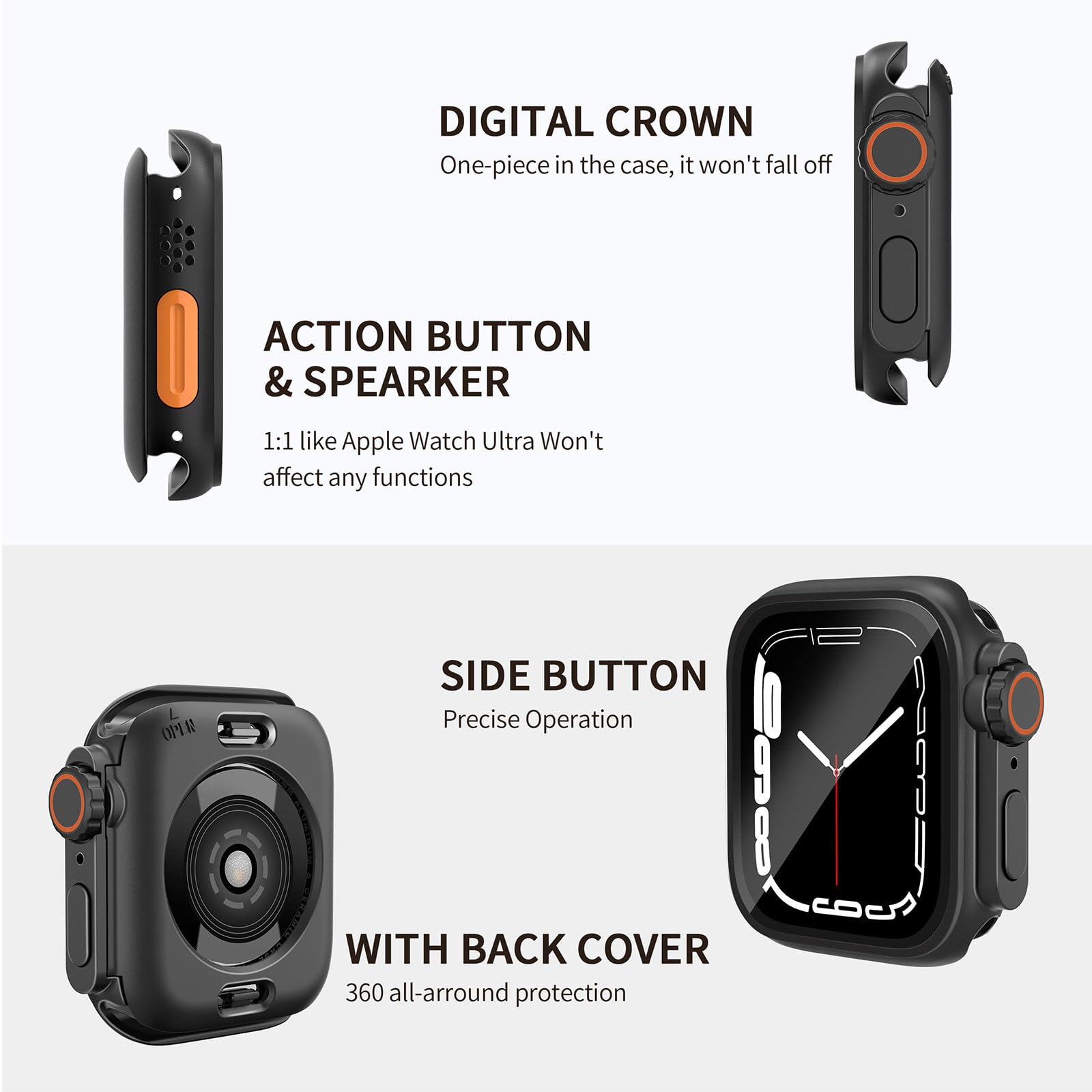 Wodoodporne etui 2 w 1, kompatybilne z Apple Watch 41 mm, osłona ekranu serii 9/8/7 (Ultra Style Design) iWatch ze szkła hartowanego, ochronna tylna osłona PC, akcesoria, czarne