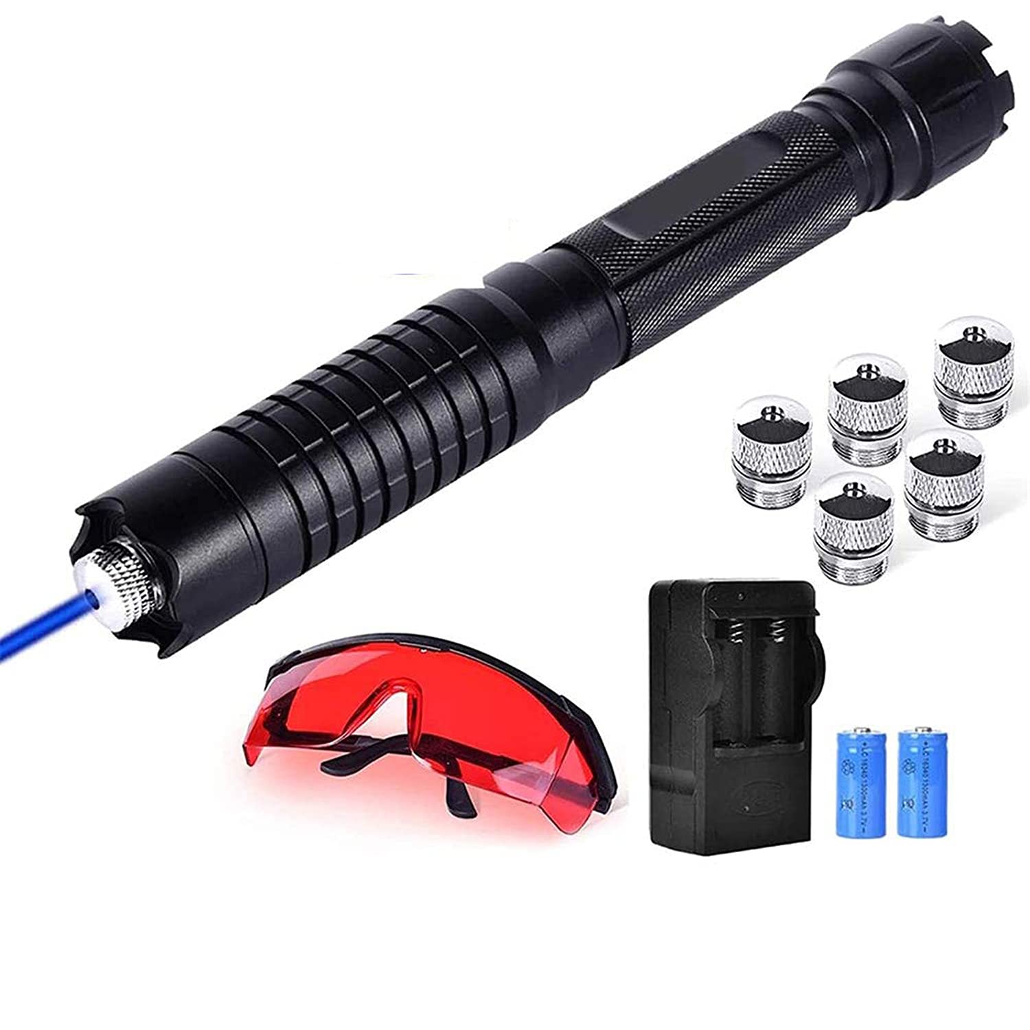 Flashlight blue beam indicator, adjustable focal length 532Nm, range from 500 to 10,000 meters, waterproof and rechargeable LED with blue light, used for hunting, hiking, fishing, camping, astronomy