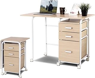 CASART 2-In-1 Folding Computer Desk, Mobile PC Laptop Table with Open Shelves/3 Drawers, Home Office Writing Desk Computer Workstation (Oak, 105 x 50 x 75cm)