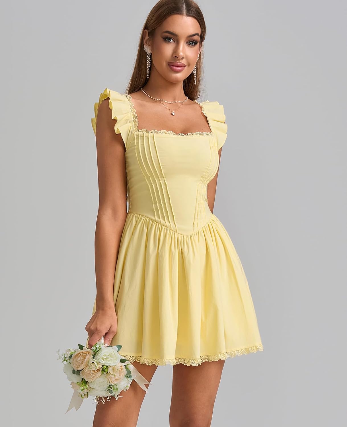 GLNEGE Women's Graduation Summer Mini Corset Dress Square Neck Short Ruffle Sleeve A Line Cute Trendy Party Dresses 2025 - Image 3